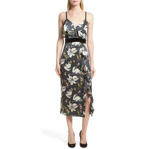 CINQ A SEPT Leena Floral Silk Charmeuse Ruffle Velvet Midi Sheath Dress, Size 2
